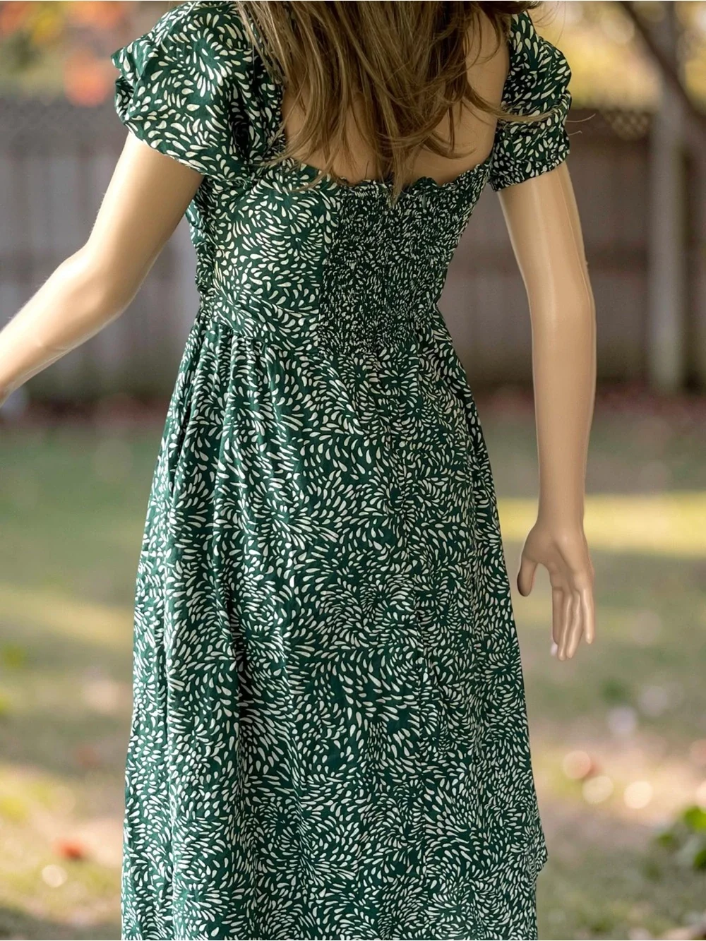 O.p.t Green Cotton Midi Dress L Smocked Back Puff Sleeve Pockets Cottagecore - Picture 5 of 9